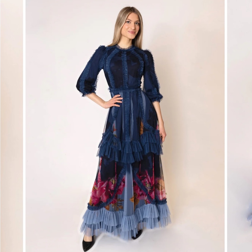 Elegant Navy Blue and Floral Maxi Dress